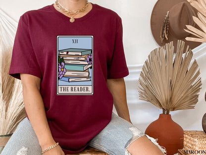 The Reader Tarot Card TShirt, Bookish Shirt, Witchy Stuff Mystical Literature Apparel, Skeleton Librarian Tee Shirt, Gift For Book Lover